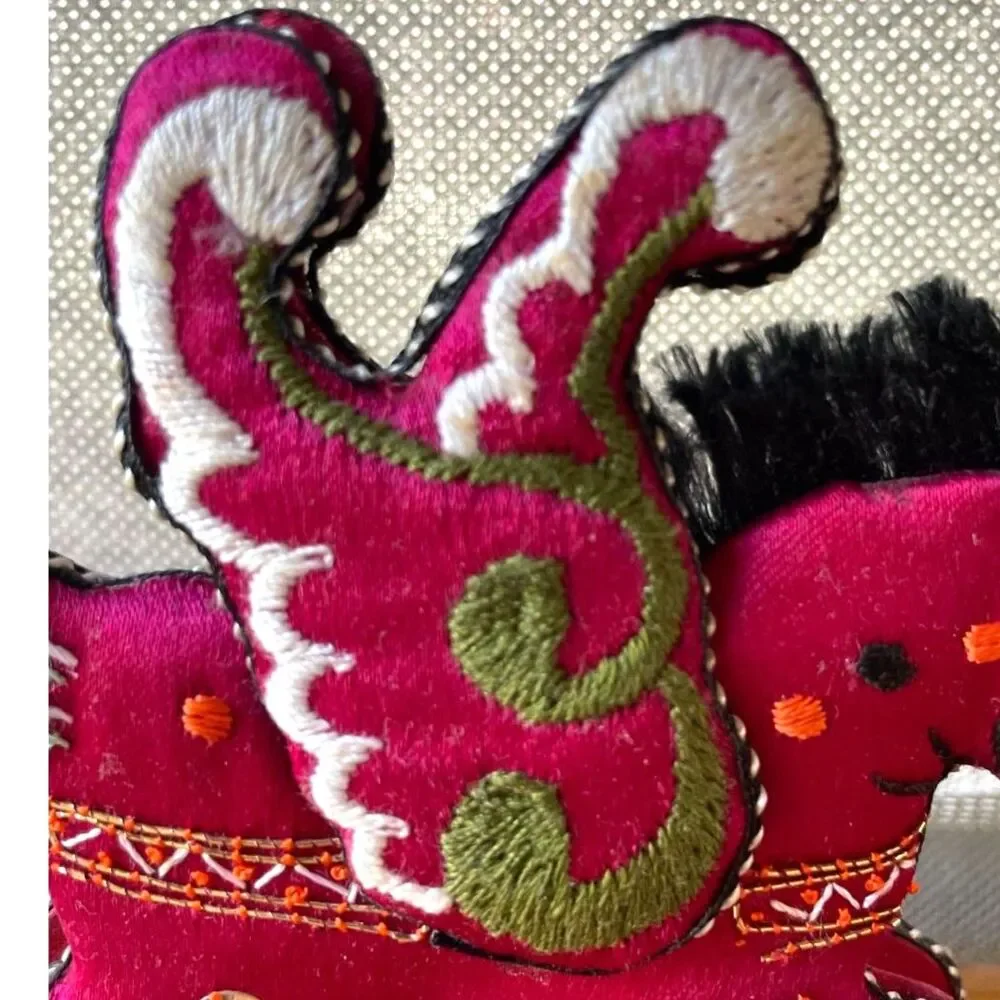Vintage Fabric Rocking Horse Pair Embroidered Sequins Boho Folk Art Decor